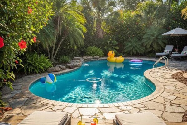 Inviting backyard swimming pool surrounded by lush greenery, featuring lounge chairs, colorful beach balls, and a yellow rubber duck, emphasizing relaxation and family fun in a custom-designed outdoor space.