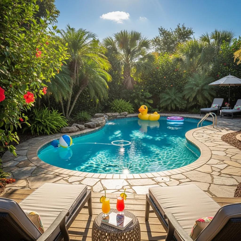 Inviting backyard swimming pool with lounge chairs, tropical greenery, colorful beach ball, and a rubber duck, emphasizing relaxation and family fun in a Florida outdoor living space.