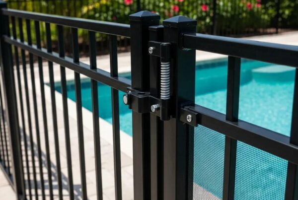 Close-up of a durable black pool fence showcasing safety features, including a spring latch mechanism, with a swimming pool visible in the background, highlighting essential pool safety considerations for Florida homeowners.