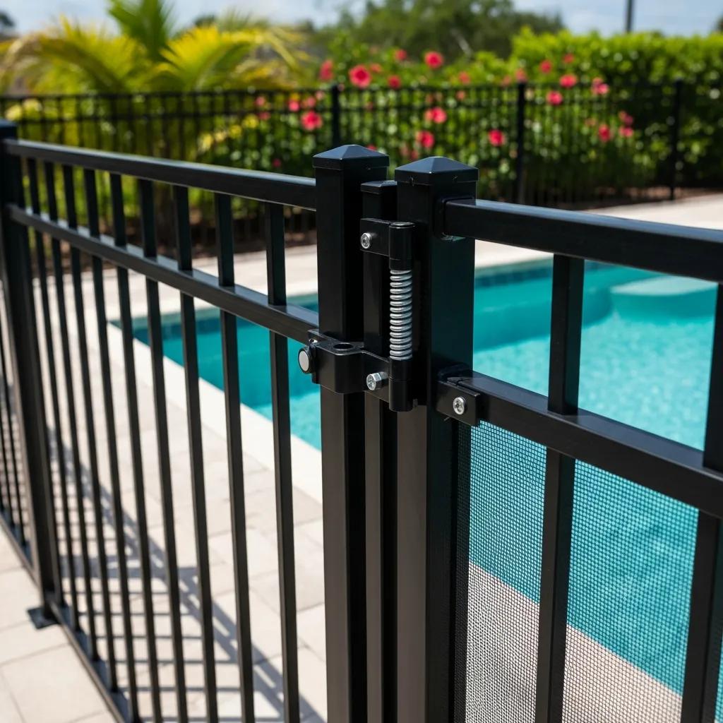 Close-up of a durable black pool fence showcasing safety features with a swimming pool in the background, emphasizing essential pool safety for Florida homeowners.