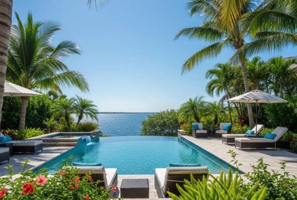 Luxurious custom infinity pool design in a Florida backyard, featuring tropical landscaping, lounge chairs, and scenic water views.