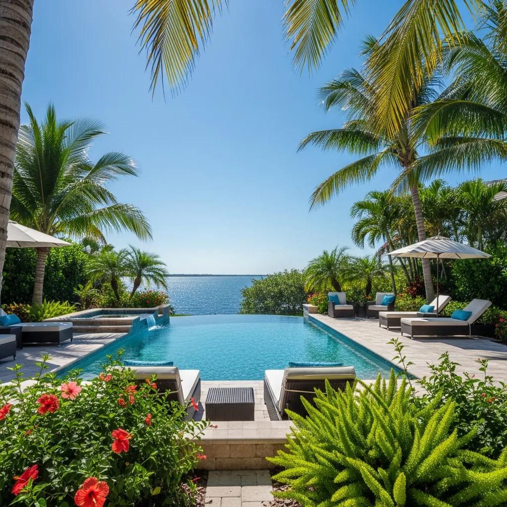 Luxurious custom infinity pool in a Florida backyard, surrounded by tropical landscaping, vibrant flowers, and lounge chairs with views of the water.