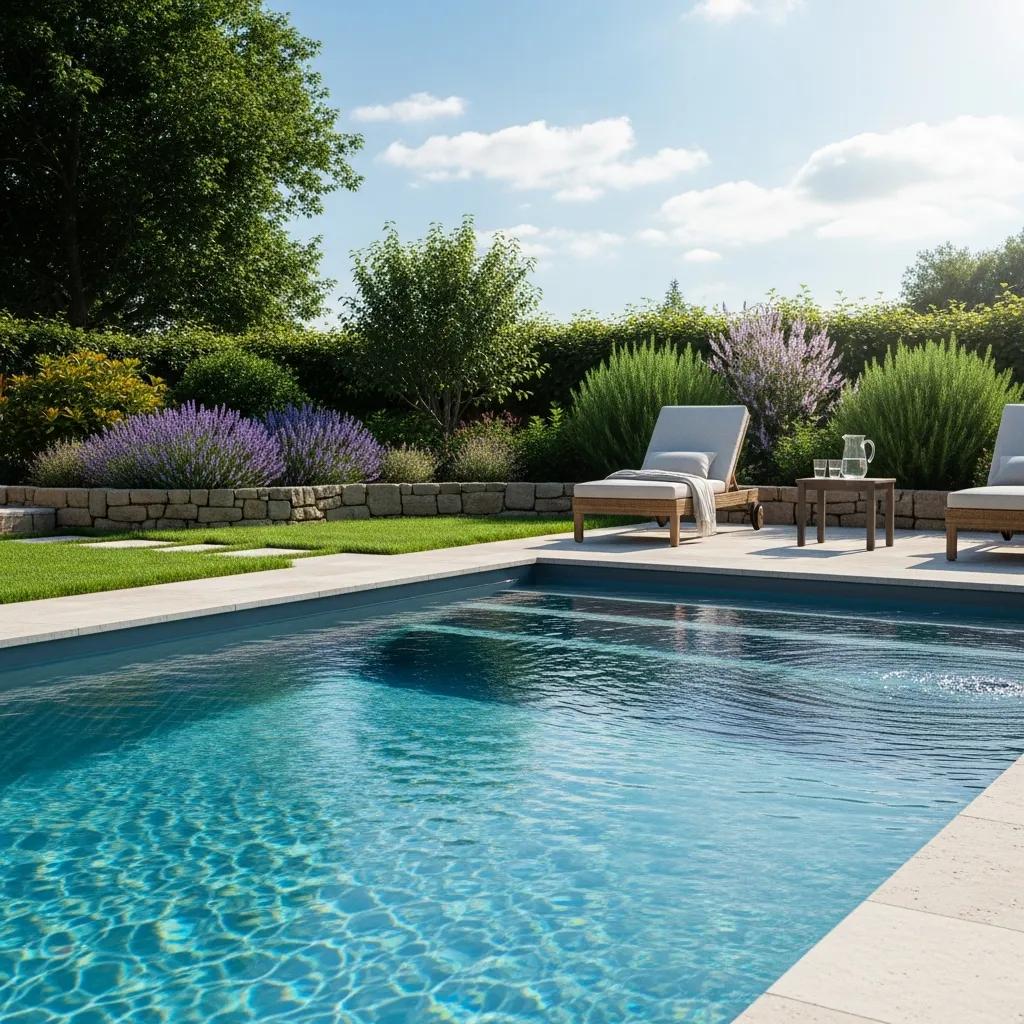 Newly constructed swimming pool with clear water, surrounded by lush landscaping and sun loungers in a sunny backyard, ideal for Florida homeowners considering pool construction.