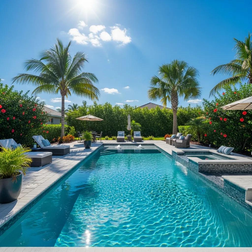 Newly constructed swimming pool in a sunny Florida backyard, surrounded by tropical plants and lounge chairs, showcasing an inviting oasis for relaxation and outdoor enjoyment.