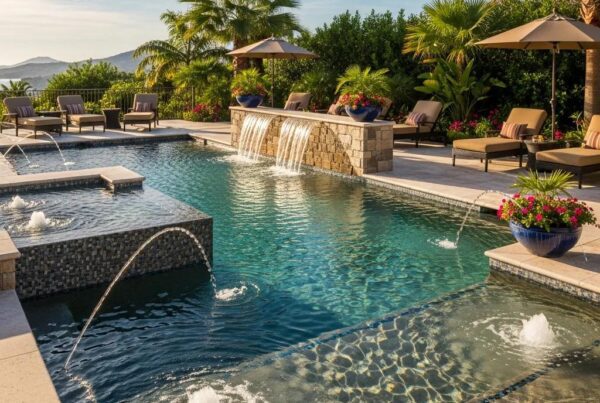 Luxury pool featuring custom design elements such as a spa, tanning ledge, and waterfall, surrounded by tropical landscaping and lounge chairs, emphasizing Florida family pool aesthetics.