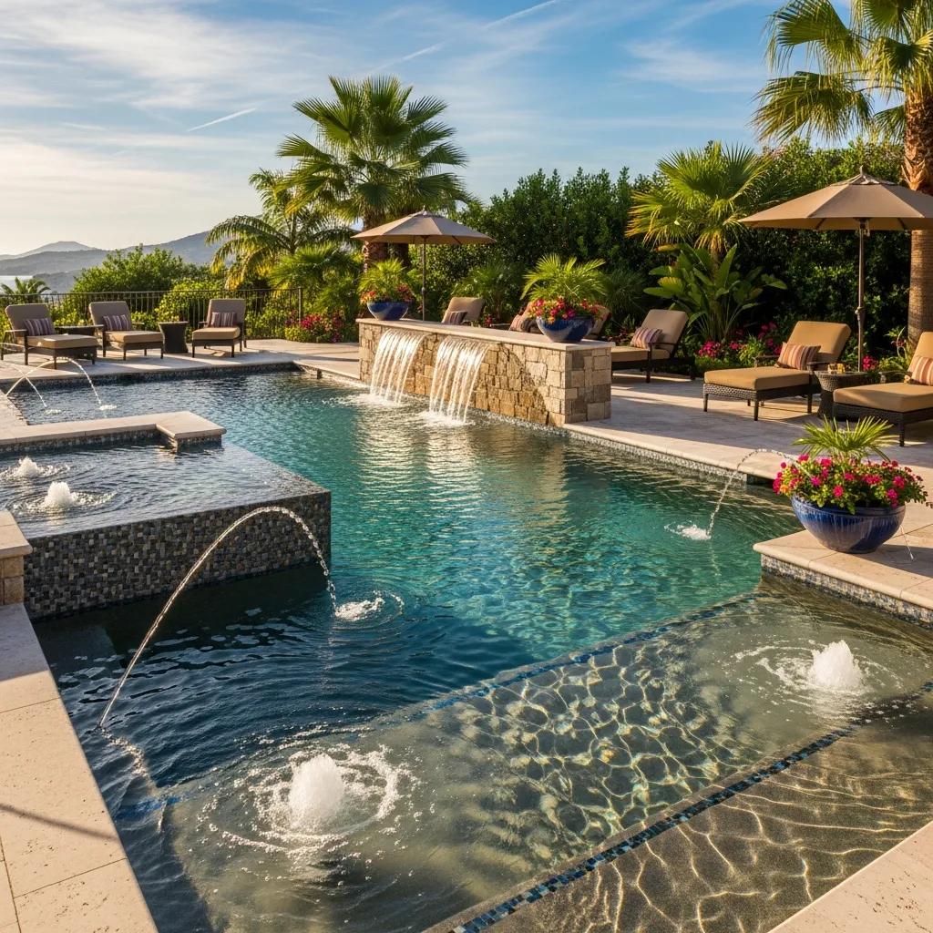 Luxury pool with custom features including a spa, tanning ledge, and waterfall, surrounded by tropical landscaping and lounge chairs, showcasing a serene outdoor retreat.