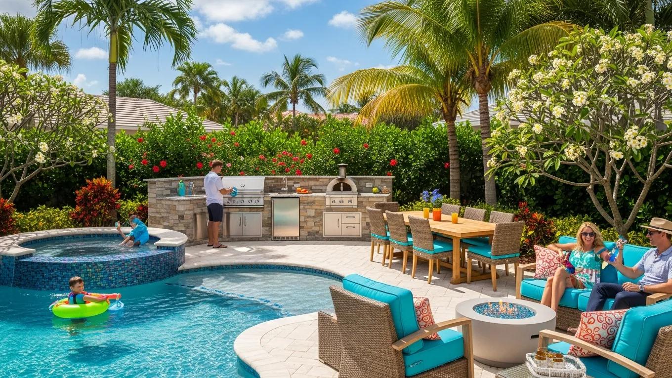 Custom Florida backyard with pool, outdoor kitchen, and seating area for year-round living.
